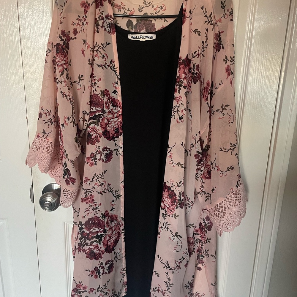 Wallflower Blush Pink Floral Lace-Trim Kimono and black slip dress